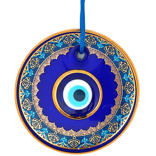 Erbulus 4.3" Glass Blue Evil Eye Wall Hanging Gold and Turquoise Floral Design Ornament – Turkish Nazar Bead - Home Protection Charm - Wall Art Amulet in a Box