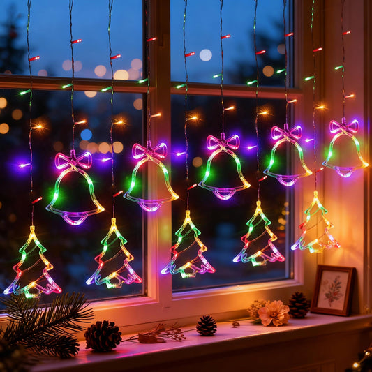 NWLIGHT Christmas Window Lights 140LED, 9ft Christmas Curtain Lights with Tree Bell 8 Modes Xmas String Lights Decorations for Bedroom Wall Window Indoor Outdoor Party Decor