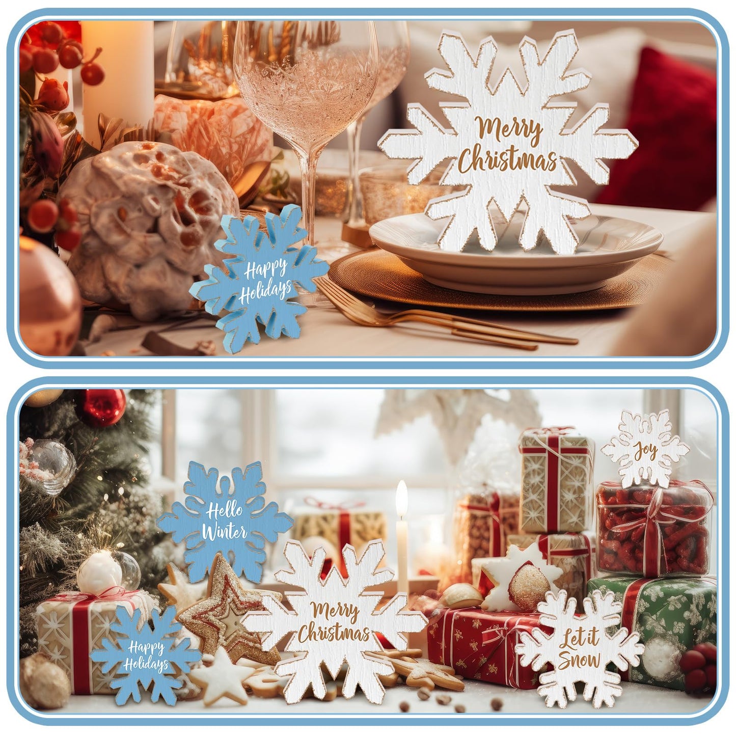 Thyle 5 Pcs Winter Wooden Snowflake Decor Rustic Winter Table Centerpiece White and Blue Wood Blocks with Heartwarming Quote Table Standing Signs for Farmhouse Fireplace Mantel Home
