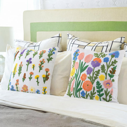 Gilprop 2 Pcs Embroidered Throw Pillow Covers Boho Square Pillow Covers Floral Spring Leaf Plant Cushion Cases for Bed Couch Sofa Bedroom Living Room Home Decor(Flowers,18 x 18 Inches)