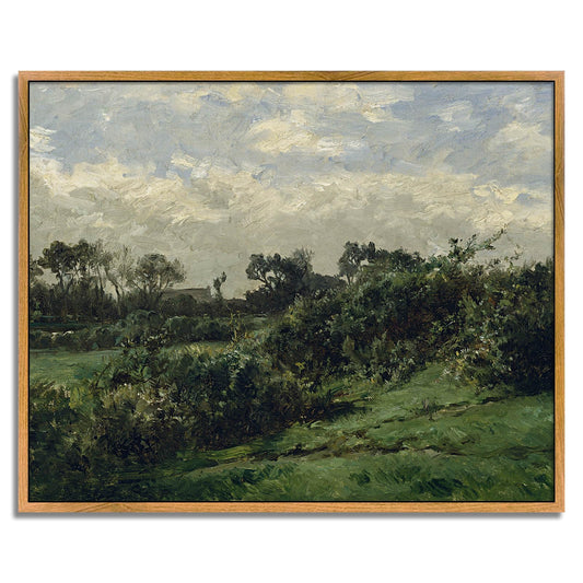 Vintage Farmhouse Poster Countryside Canvas Wall Art Rustic Scenery Picture Retro Landscape Artwork Antique Farmhouse Wall Art Green Scenery Picture Vintage Village Painting Wilderness Artwork 8x10in Framed