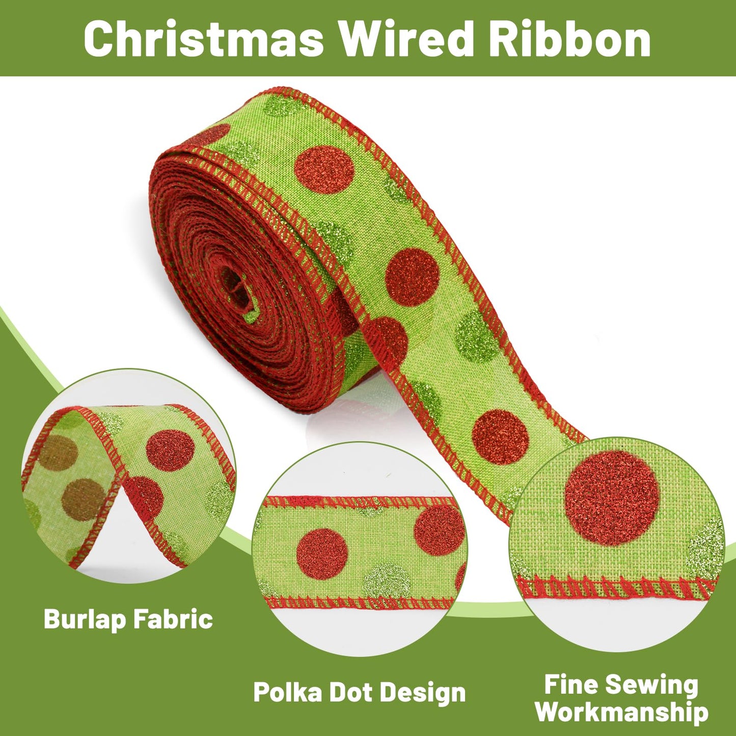 Christmas Wired Ribbon 22 Yards 1.5 Inch Christmas Red Green Dots Ribbon 2 Rolls Glitter Polka Dots Burlap Ribbon for Christmas Decoration, DIY Crafts (Green)