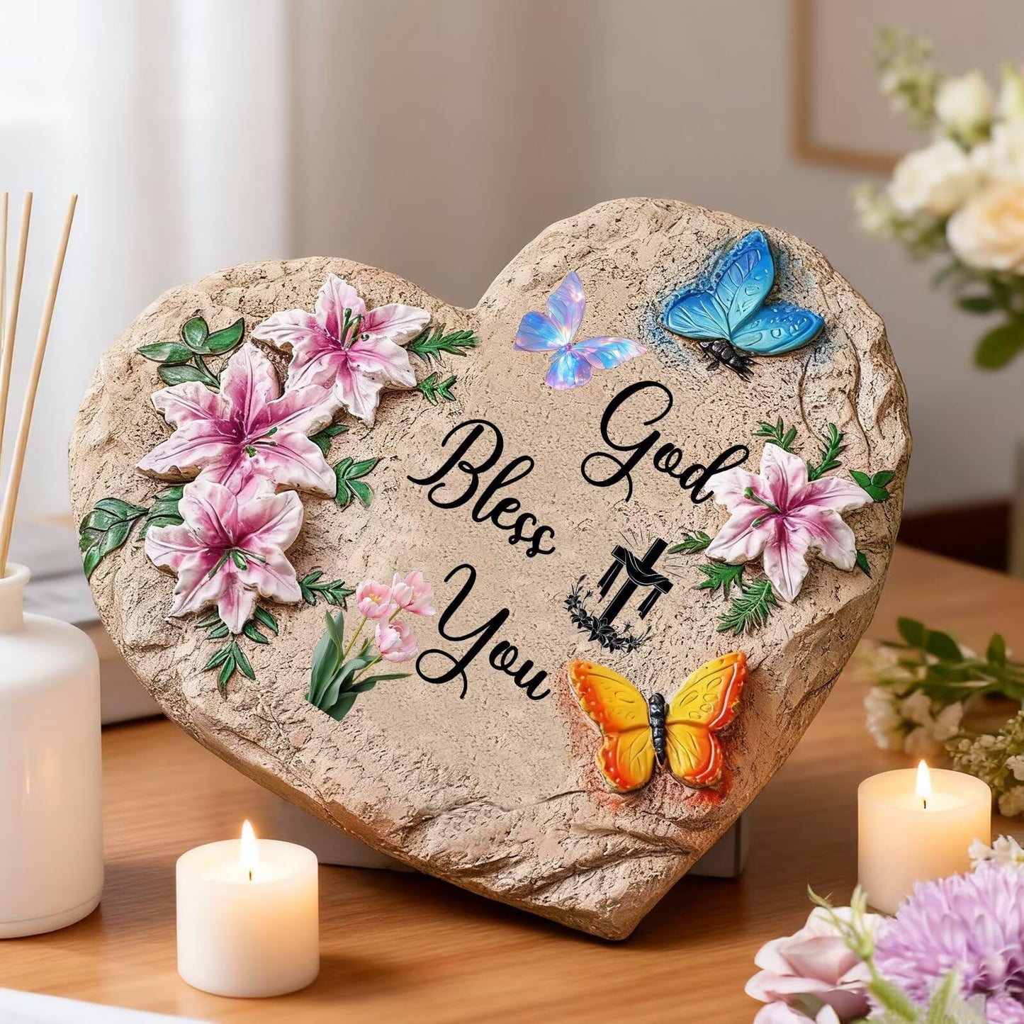 God Bless You-Resin Stepping Stone,Outdoor Garden Pathway Decoration,Heart Shaped Decorative Stone for Garden,Walkway Sculpture Yard Art for Patio,Home Decor
