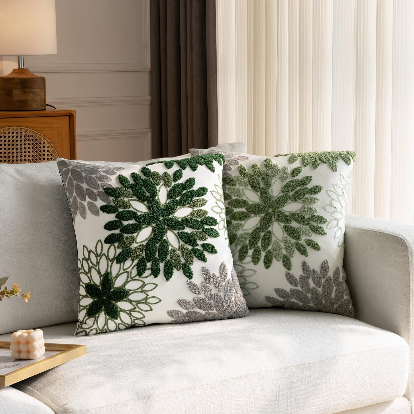 Tikeciti Embroidered Forest Green Grey Dahlia Pillow Covers, Dark Green Soft Velvet 18 x 18 Inch Throw Pillows Modern Elegant Geometric Pillowcase Decorative Cushion Case for Sofa Living Room Bedroom