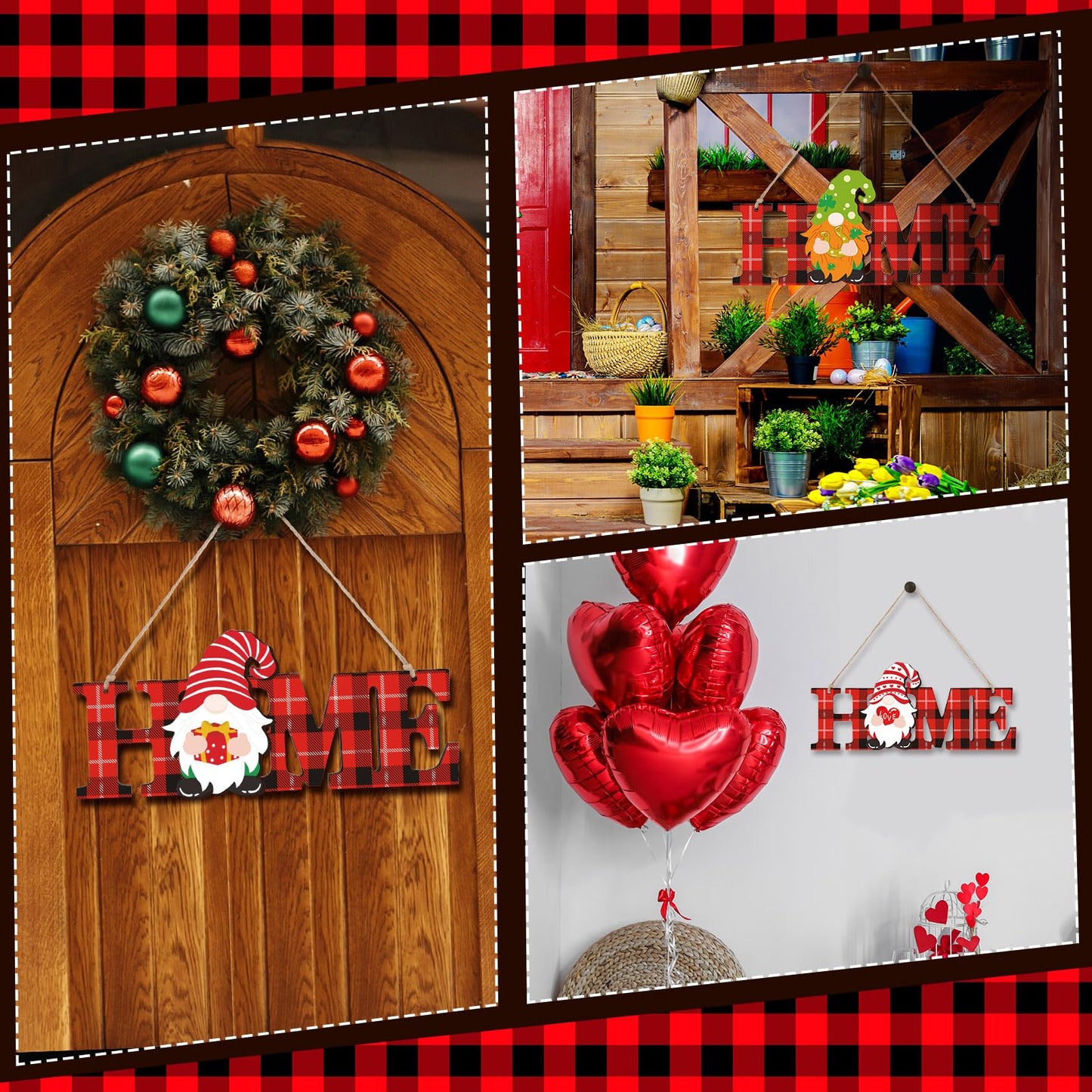 Purpeak 13 Pcs Interchangeable Gnome Home Sign Wooden 3D Christmas Winter Seasonal Door Decor Farmhouse Rustic Home Decoration for Holiday Wall Decor Gift(Red, Black)
