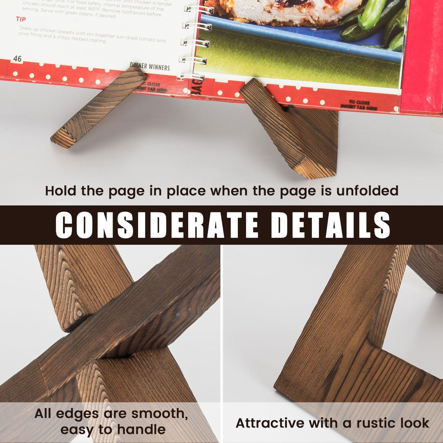 Cookbook Stand for Kitchen, Wooden Cookbook Holder, Recipe Book Holder for Kitchen Counter, Rustic Cook Book Holder Stand - Brown