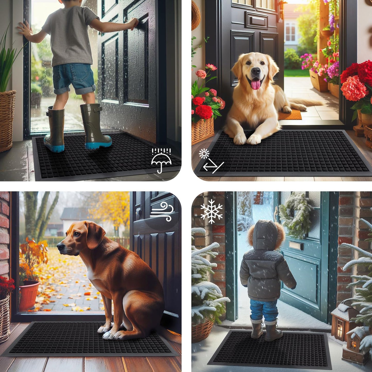 Smiry Front Door Mat Outside Entrance, Heavy Duty Natural Rubber Doormat, Non Slip, Trap Dirt and Moisture, Easy Clean, Low Profile Welcome Floor Mats for Indoor Outdoor Entry, 29.5x17 Inch, Black
