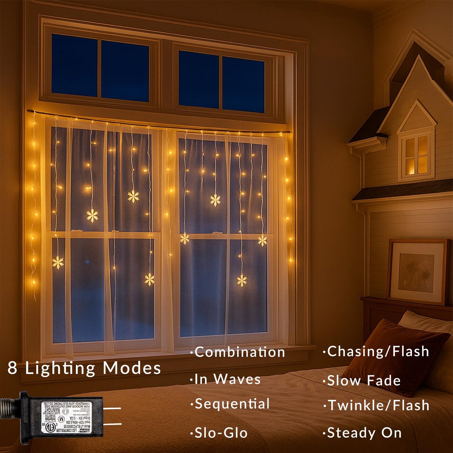 FESTIA Snowflake Curtain Icicle Christmas Lights -180 LED Warm White (≈3000K), 26.4ft Icicle Mini Lights, IP44 Waterproof,8 Modes Memory Function, Connectable Outdoor & Indoor Christmas Decorations