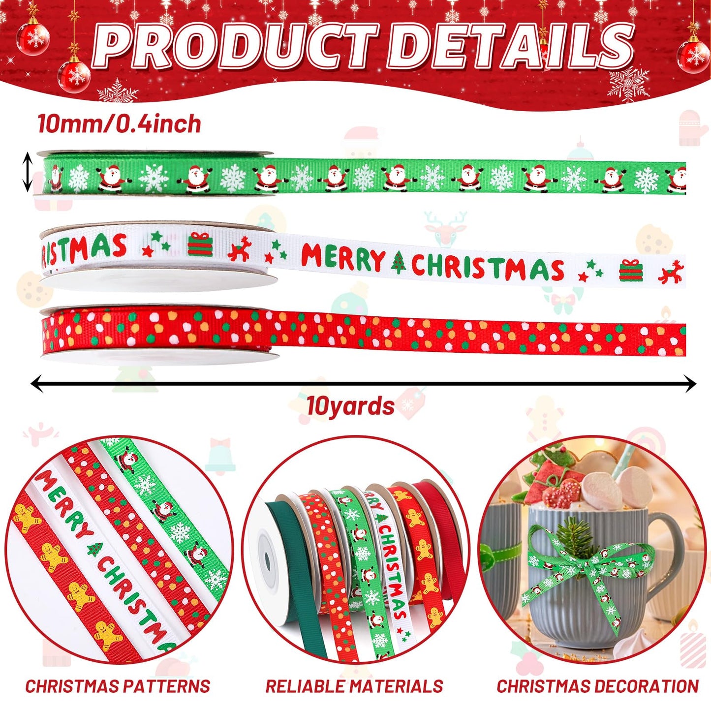 DECYOOL Christmas Ribbon, 6 Rolls 60 Yards Snowflakes Santa Claus Gingerbread Man Dots Ribbon for Christmas Crafts, 10mm Wide Grosgrain Ribbons for Gift Wrapping, Party, Home Decor