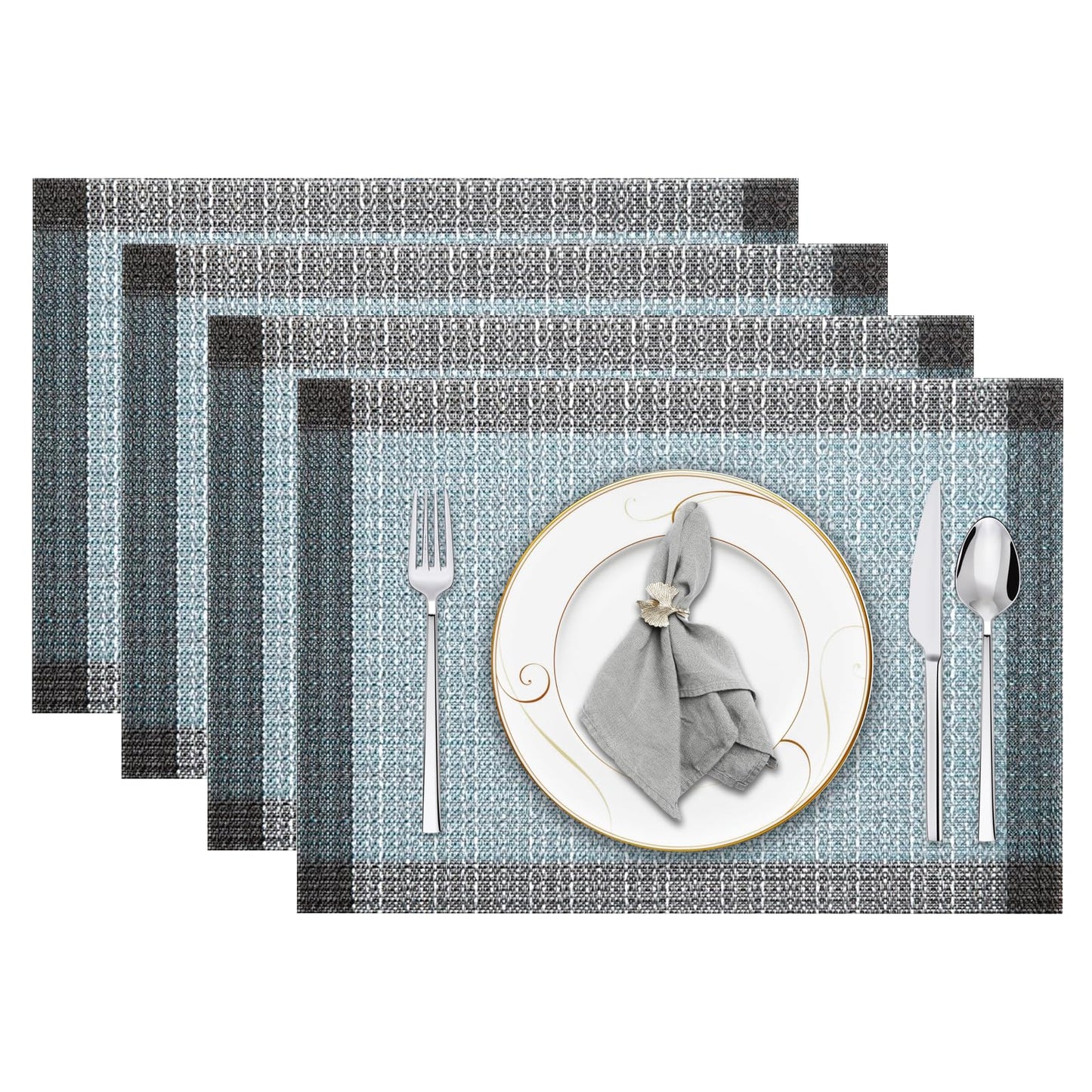 Niviy Blue Grey Ethnic Boho Placemats Set of 4, 12x18 Inch Linen Burlap Washable Durable Art Table Mats for Holiday Party Kitchen Dining Room Decoration