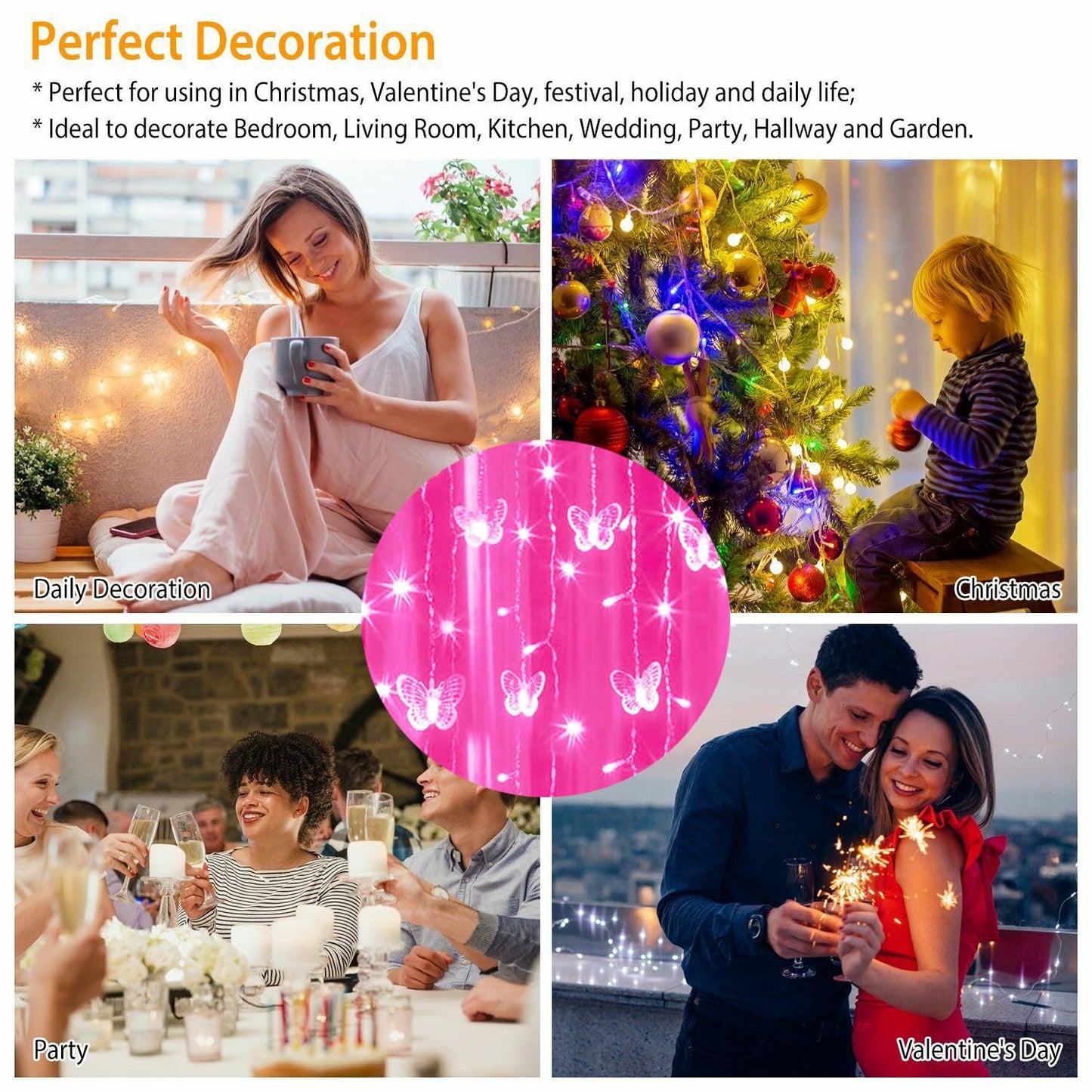 Lainin USB Powered String Light 13FT 96LED Curtain Light 16 Butterflies Strings 8 Mode Fairy Light Strip for Party Indoor Outdoor Room Garden Wall Wedding Christmas Xmas Decorations (Pink)