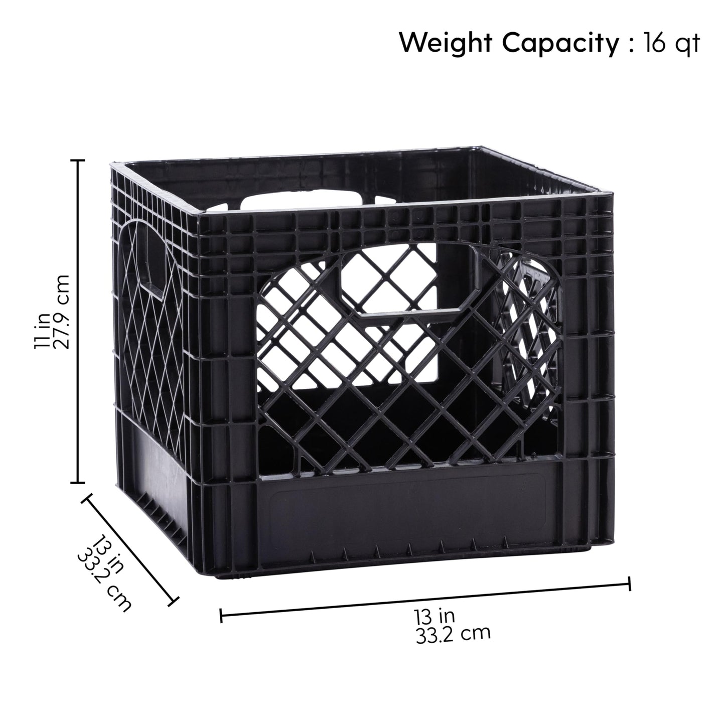 Plastic Milk Crate Storage Tote with Handles, 16-Quart Stackable Cube Organizer for Garage, Home, and Office, Made in the USA, 13" x 13" x 11" (1-Pack) - Black
