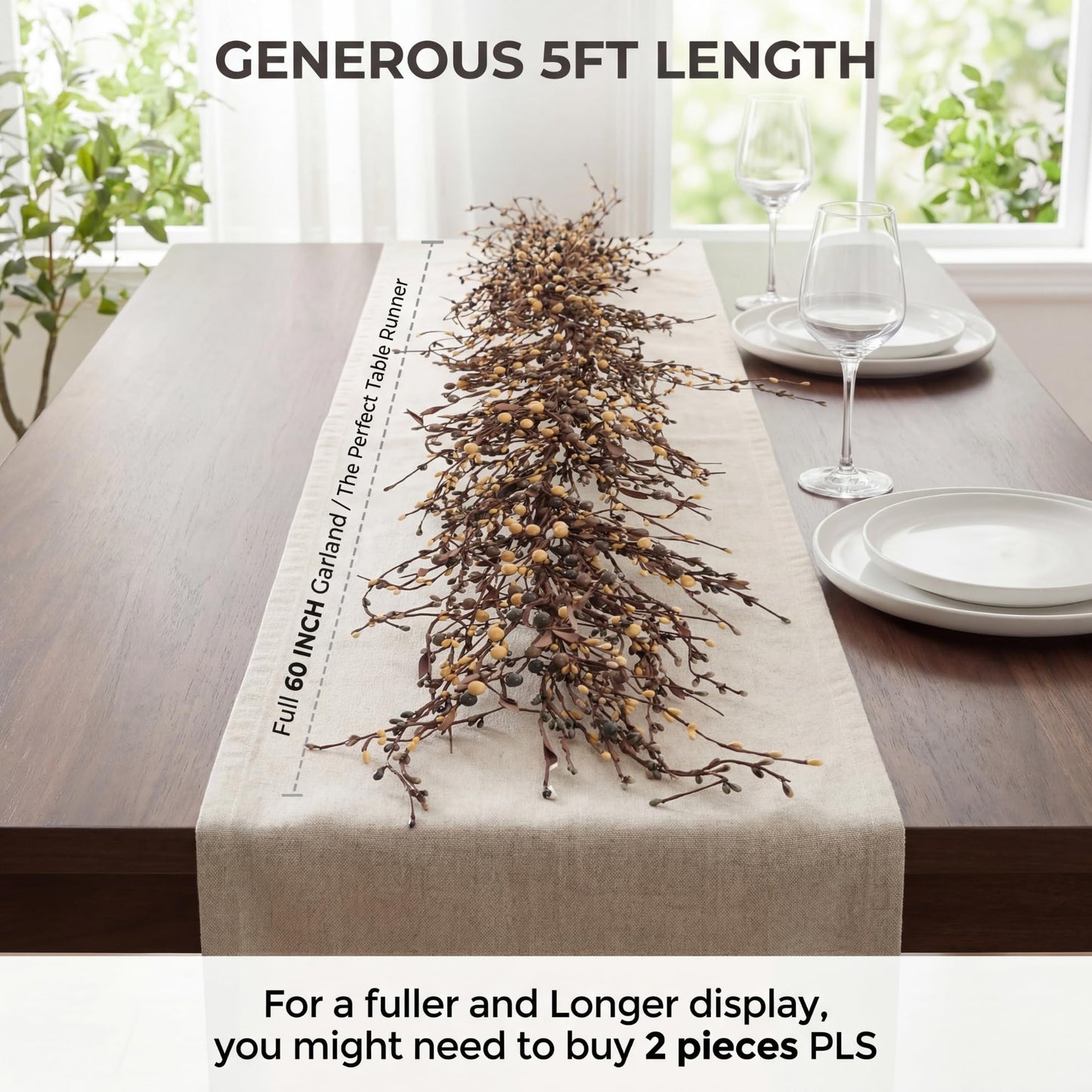 Quixem 60 Inch (5FT) Rustic Grey Cream and Tan Pip Berry Garland for Fireplace Mantel & Table Runner, Flexible Wired Artificial Vine, Everyday Farmhouse Decor, Precise Size