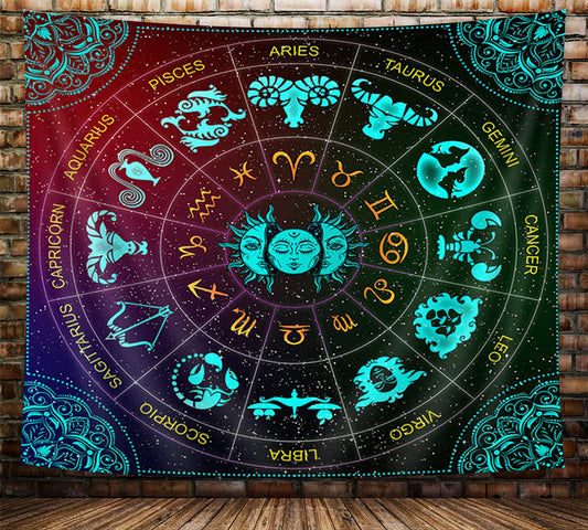 VeiVian Zodiac Astrology Wall Hanging, Sun and Moon Constellation Blacklight Art, Trippy Mandala Boho Witchy Wall Tapestry for Bedroom, Living Room, Dorm, (60x40)