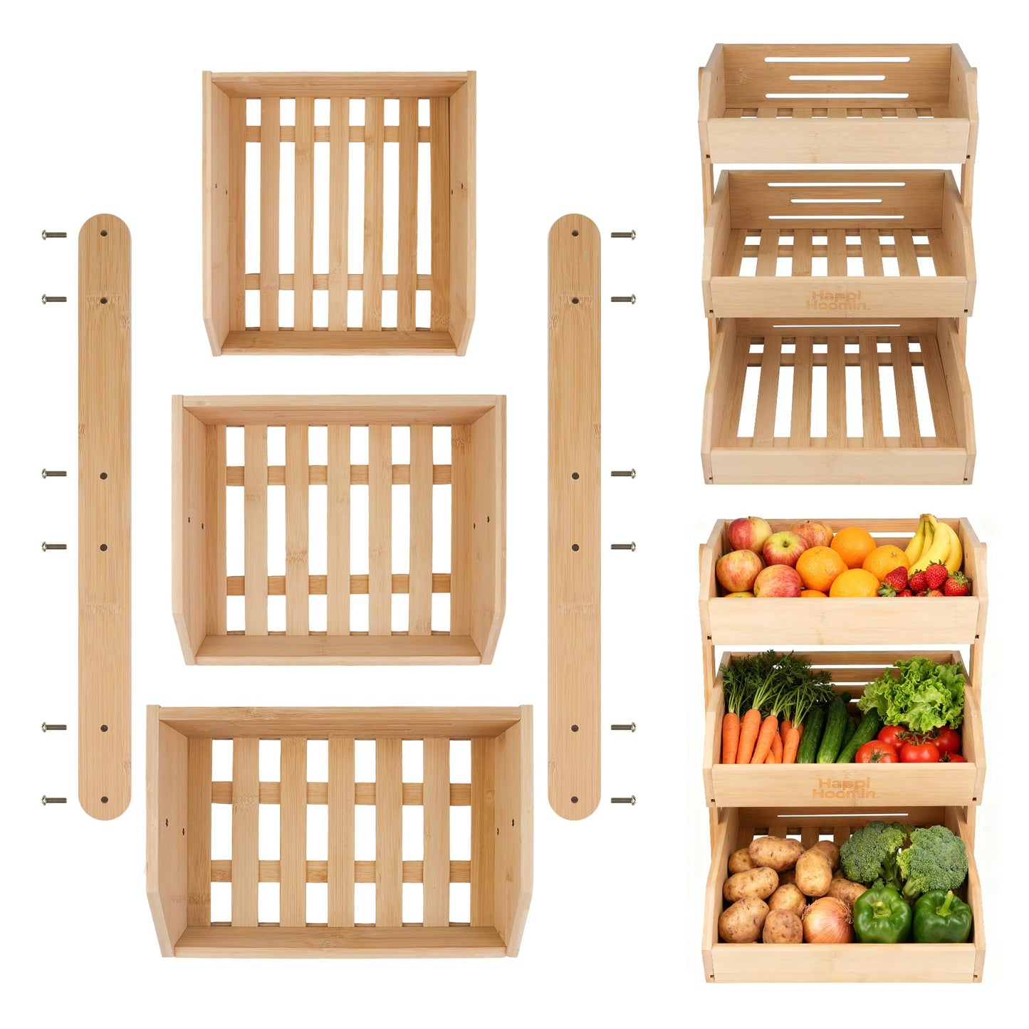 Happi Hoomin 3 Tier Fruit Basket for Kitchen Counter, Bamboo Fruit and Vegetable Storage Rack, Kitchen Organizer and Storage, Vegetable Baskets for Kitchen, Fruit Organizer, Frutero para Cocina