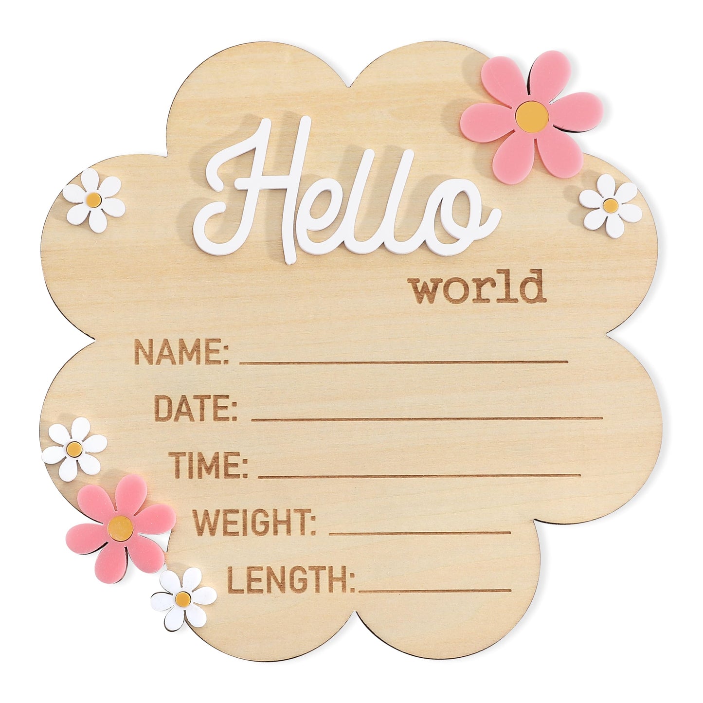 Hello World Newborn Sign - Wooden Baby Name Announcement Board, Daisy Design, Gender Neutral Nursery & Hospital Photo Props Keepsake Gift