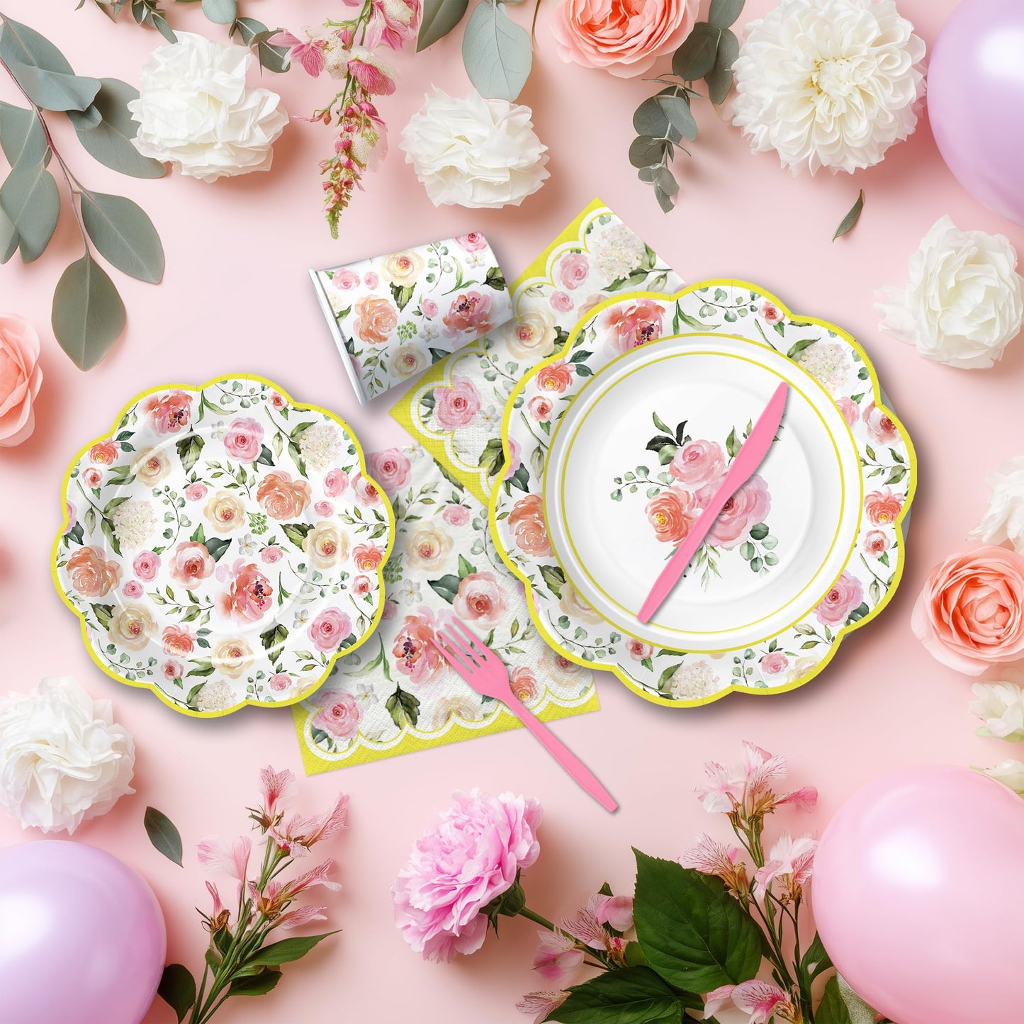 Owelleny Flower Floral Party Decorations, Spring Summer Elegant Garden Floral Party Supplies for Birthday Bridal Wedding Baby Shower, Disposable Paper Plate, Cup, Napkin, Banner, Cutlery, Serves 24