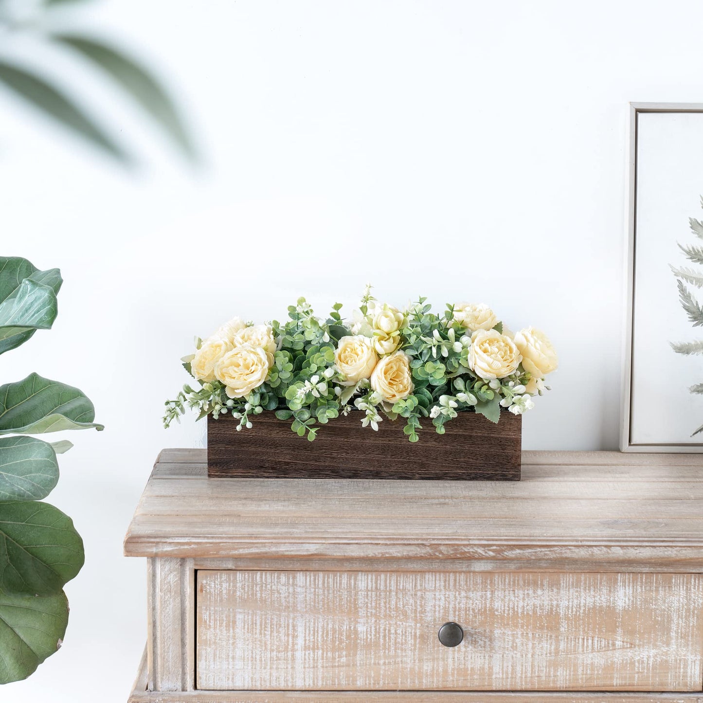 Dahey Centerpiece Table Decorations for Dining Room Farmhouse Table Centerpieces Decor Wood Tray with 3 Artificial Flowers and 2 Eucalyptus for Living Room Kitchen Table, 14.1" x 4.7" x 3.1"