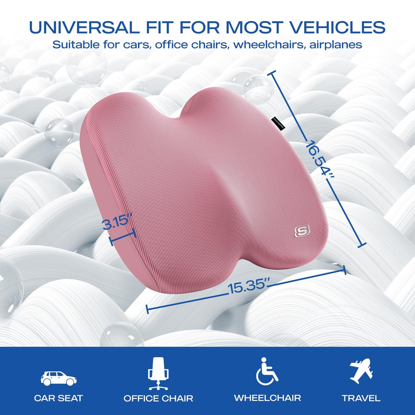 Skechers Seat Cushion, Ergonomic Memory Foam Cushion for Long Sitting Hours on Office & Home Chair, Car Seat Cushion for Sciatica, Coccyx Cushion,Pink
