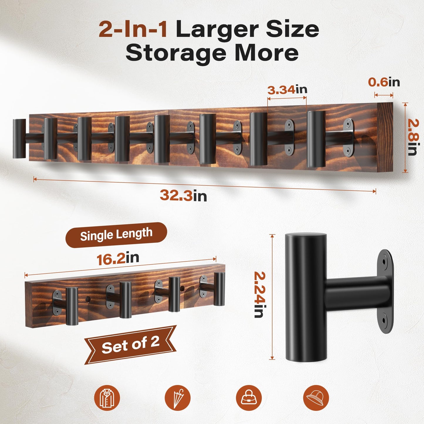 Orapoke Coat Rack Wall Mount 2 Pack with 8 Pre-Installed Metal Hooks, Rustic Pine Solid Wood Coat Hanger Wall Mount for Entryway & Living Room, Coat Hooks for Hanging Jacket, Hat, Backpack (32.3")