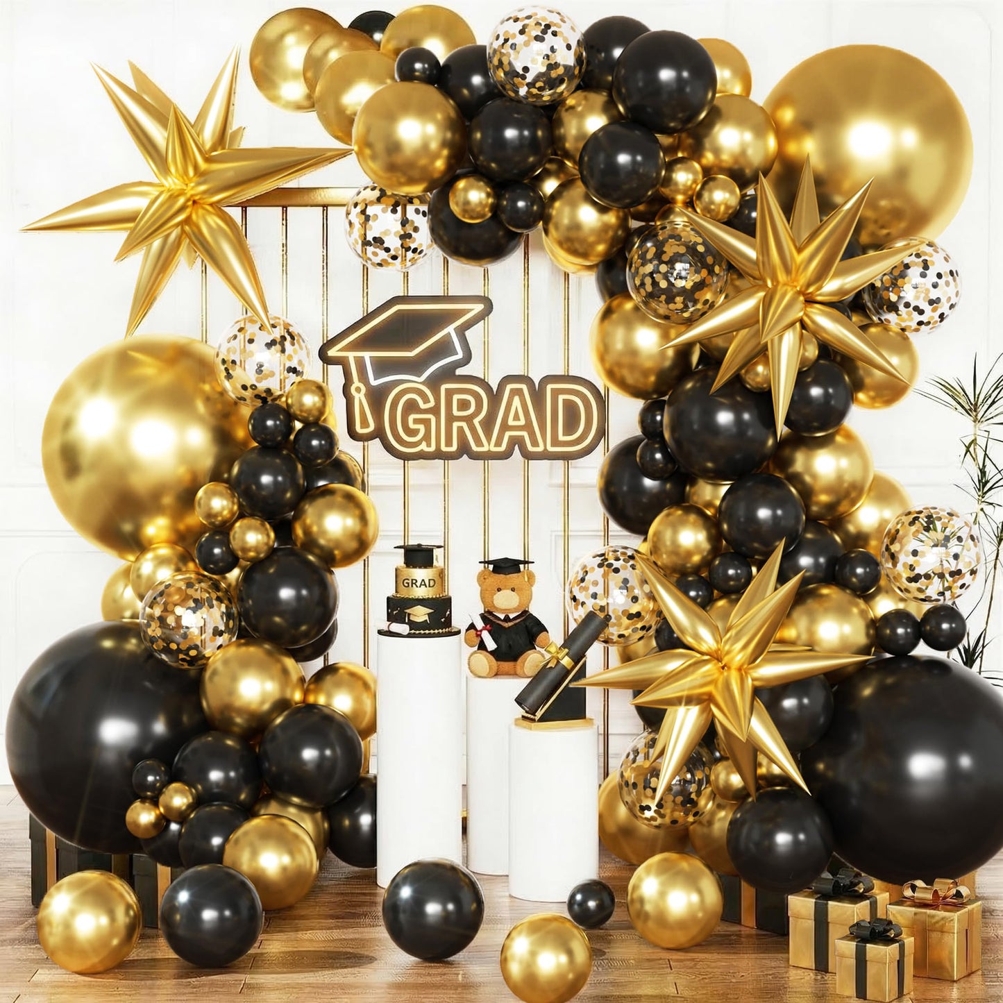 KARLURE Black and Gold Balloons Arch Kit with Black Gold Confetti Balloons for 2026 Graduation Decorations Class Grad Men Birthday Party Prom Retirement Masquerade Anniversary Party Decorations