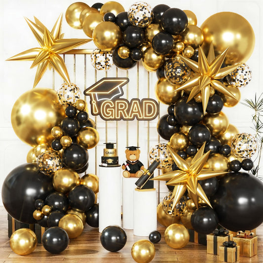 KARLURE Black and Gold Balloons Arch Kit with Black Gold Confetti Balloons for 2026 Graduation Decorations Class Grad Men Birthday Party Prom Retirement Masquerade Anniversary Party Decorations