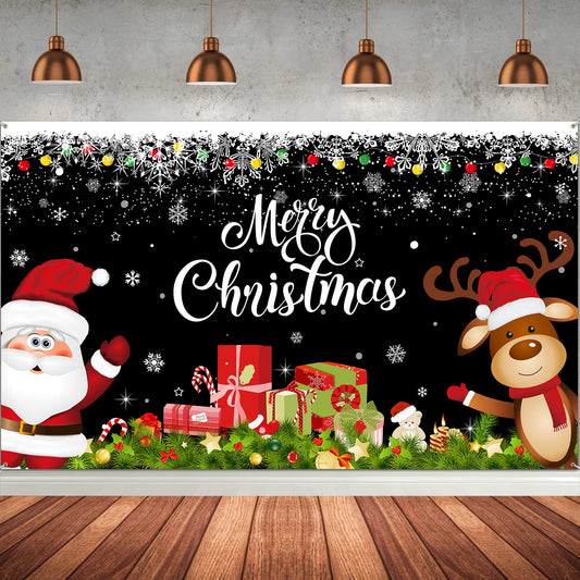 Irenare Christmas Banner Backdrop, Black Santa Claus Reindeer Merry Christmas Banner 72.8 X 43.3 Inch Indoor for Xmas Holiday Party Photo Booth Photography Wall Hanging Decor