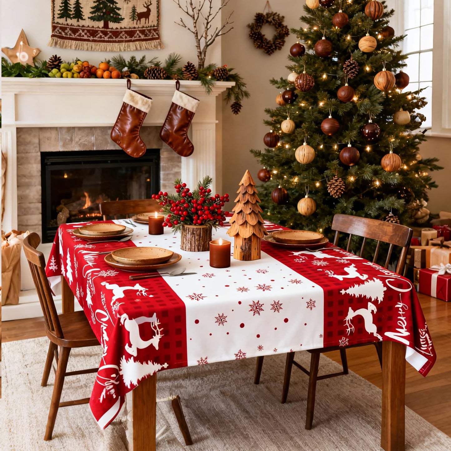 ORNALES Winter Christmas Tablecloths - 2-Pack, Winter Themed with Reindeer and Snowflakes, Disposable Plastic Tablecloths 54" x 108", Ideal for Indoor and Outdoor Christmas Party Decorations