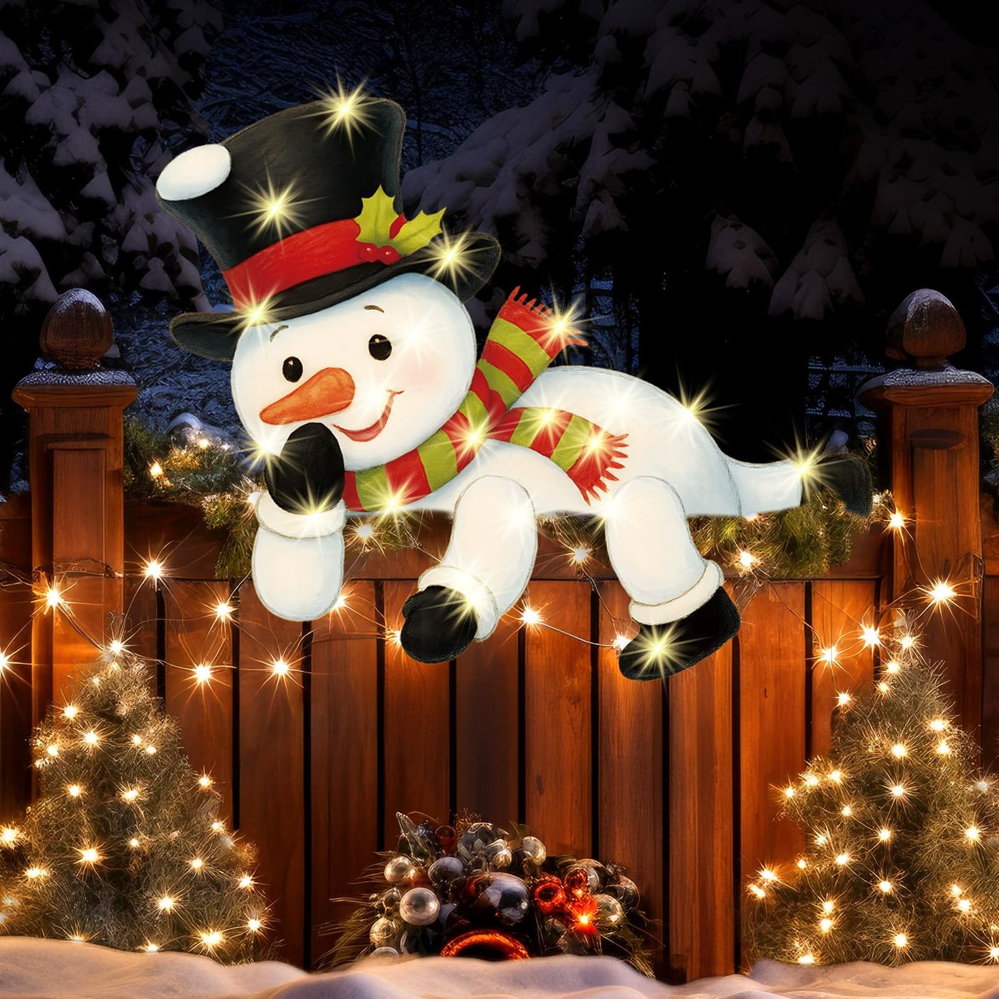 Suttmin Winter Fence Peeker Decoration Snowman Peeking Garden Yard Sign with Light Cute Outdoor DIY Fence Art Ornament for Holiday Patio Lawn Decor(Warm Light)