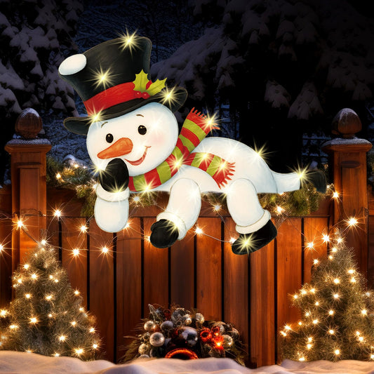 Suttmin Winter Fence Peeker Decoration Snowman Peeking Garden Yard Sign with Light Cute Outdoor DIY Fence Art Ornament for Holiday Patio Lawn Decor(Warm Light)