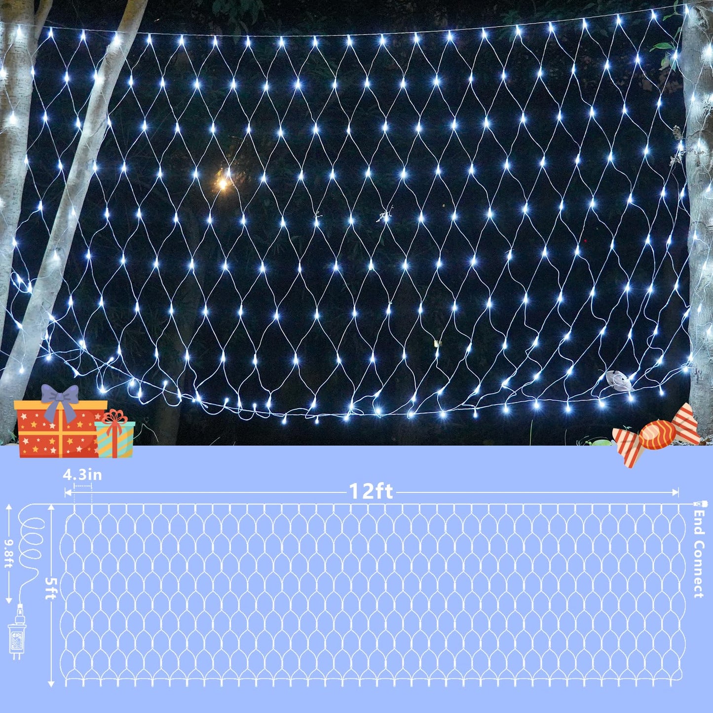 QITONG Net Lights Outdoor Mesh Lights, 12ft x 5ft 360 LED White Christmas Light with 8 Modes, Connectable Clear Wire Bush Light Plug in
