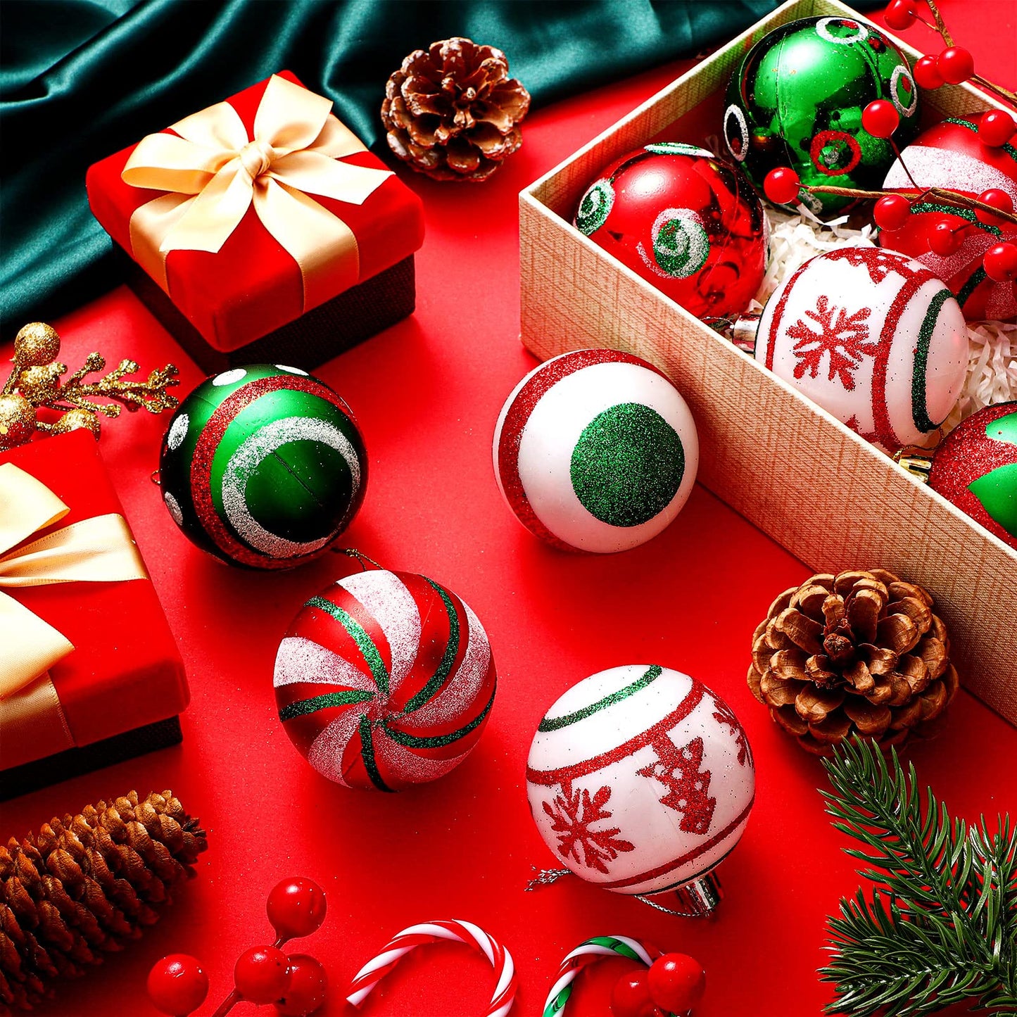Hungdao 30 Pcs 2.36 Inches Shatterproof Christmas Tree Ball Ornaments Set, Plastic Red Green White Elf Glittering Xmas Hanging Bulbs Pendants for Christmas Tree Decoration Holiday Party Home Decor