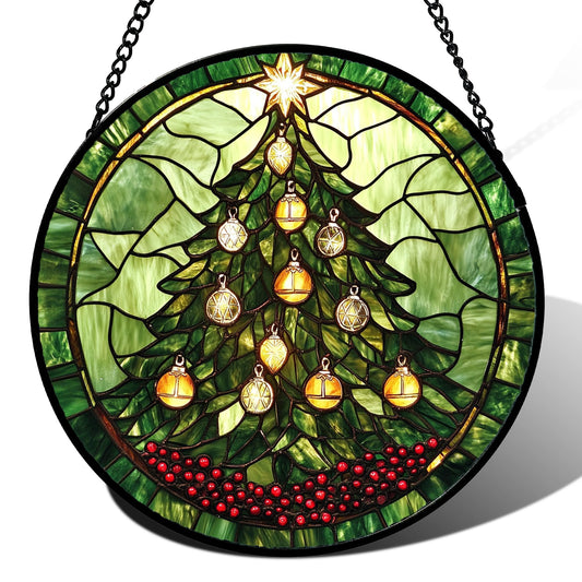 DASTOLL Stained Glass Window Hanging - Green Christmas Tree Golden Bells Suncatcher for Doors Home Christmas Decoration Sun Catcher Thanksgiving New Year Birthday Gift for Women Men Mom Nana 7.8 in