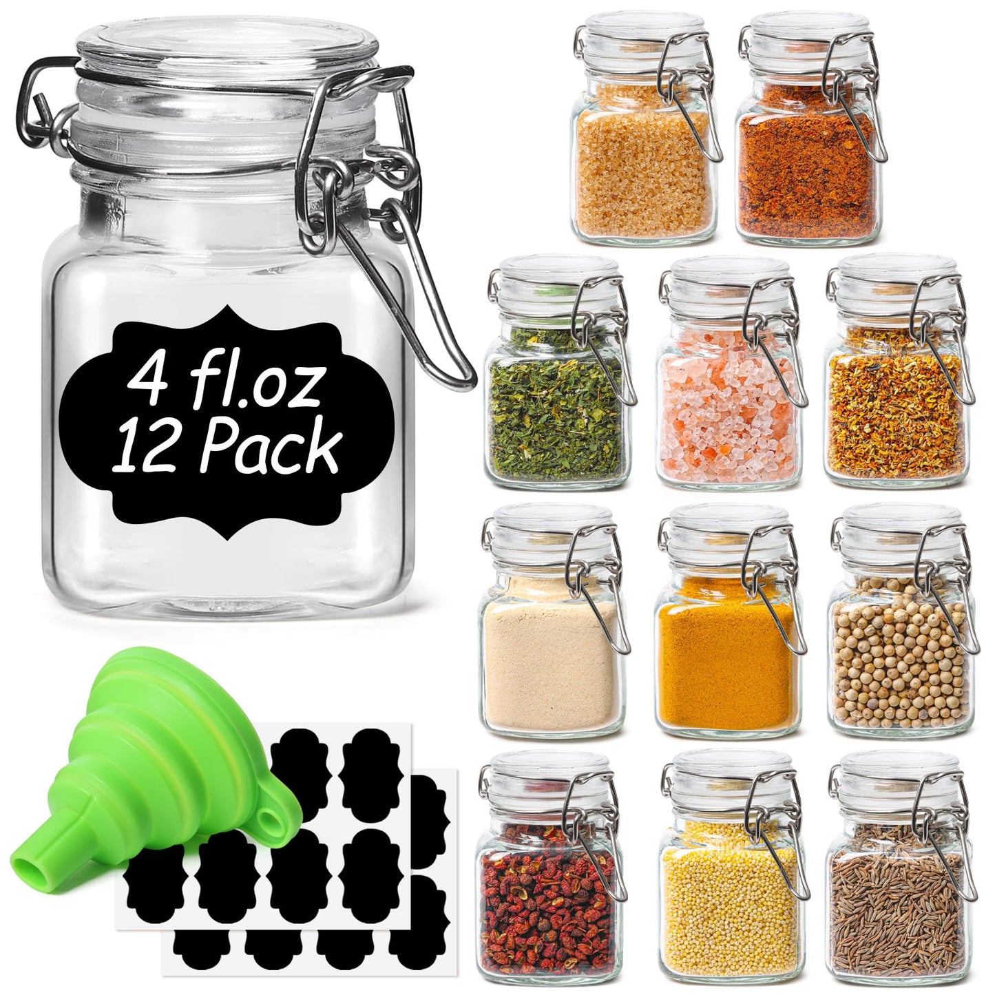 ComSaf Set of 12 Square Glass Spice Jars with Airtight Lids (4 Oz), Mini Favor Jars with Wire Clamp for Honey, Herbs & Farmhouse Kitchen Pantry Organization, with Funnel & Labels