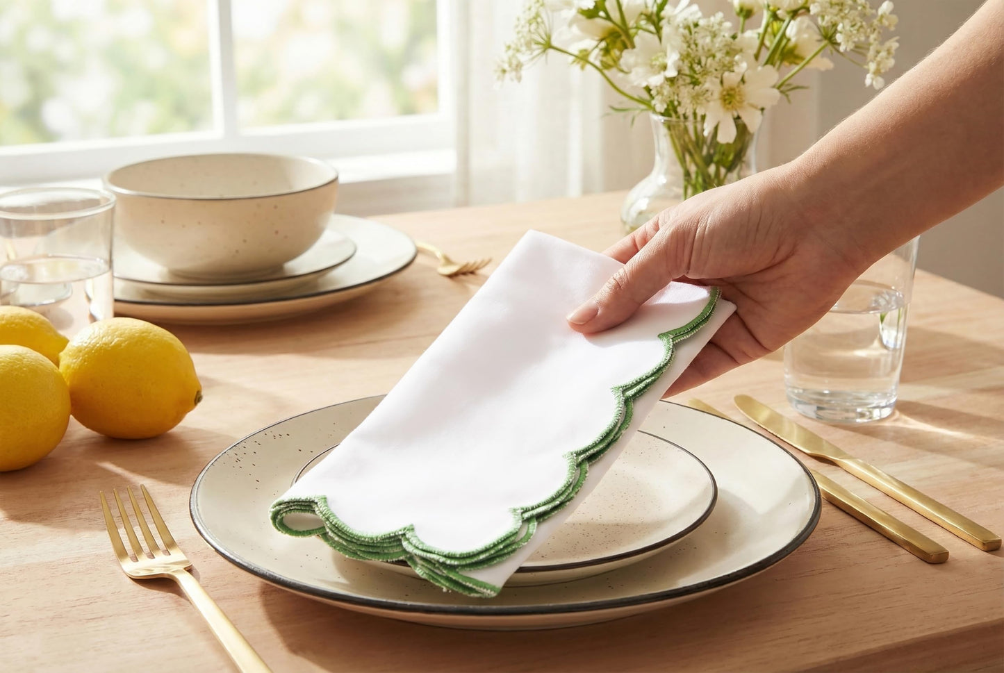 PurpleEssences Scalloped Embroidery Cloth Napkins - Spring Easter Summer - Table Decor - 100% Cotton - Set of 4-18x18 inch - White - Edges - Sage Green