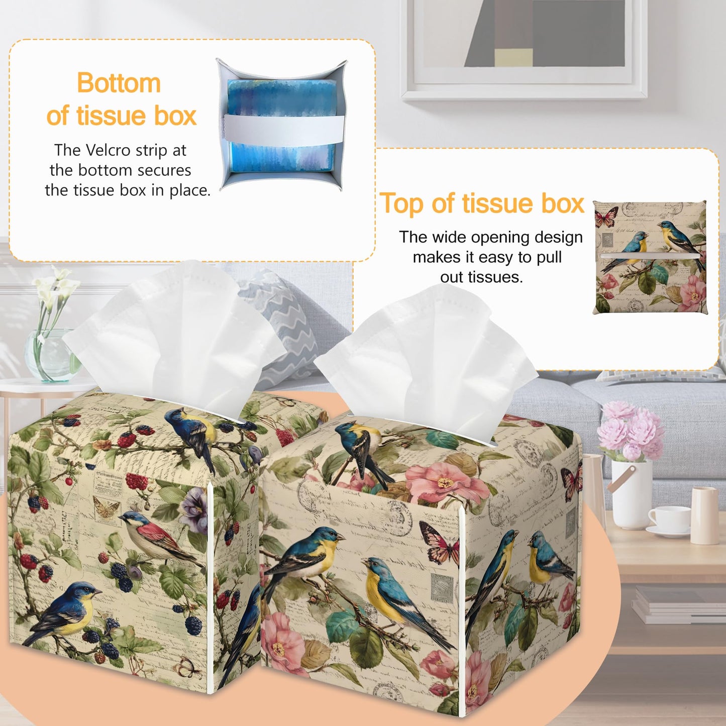 Spring Bird 2 Pcs Tissue Box Cover Square Leather Tissue Case Holder Facial Paper Organizer Decorative for Bathroom Kitchen Car Office Home Decor