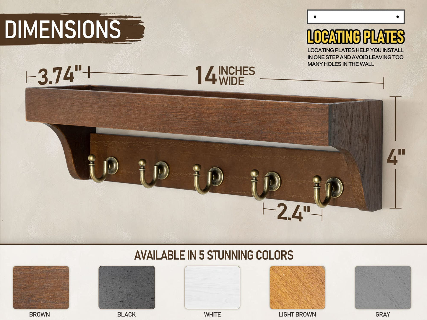 Rebee Vision Farmhouse Key Holder for Wall - Decorative Wooden Mail Organizer with 5 Rustic Key Hooks and Floating Shelf for Home Decor, Hallway, Entryway, Appartment (Retro Brown)