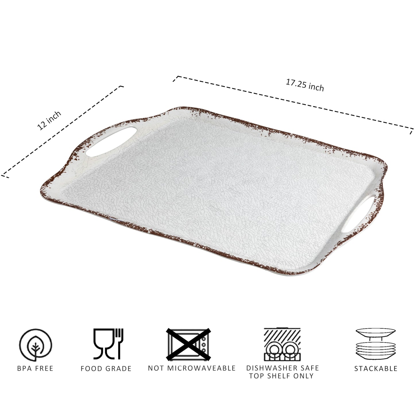 LEHAHA Vintage White Large Serving Tray with Handles, 17.25x12 inch, Set of 2 Melamine Platters for Serving Food, Turkey, Cookie, Rectangular Trays for Eating, Crackled Finish with Rustic Raised Rim.