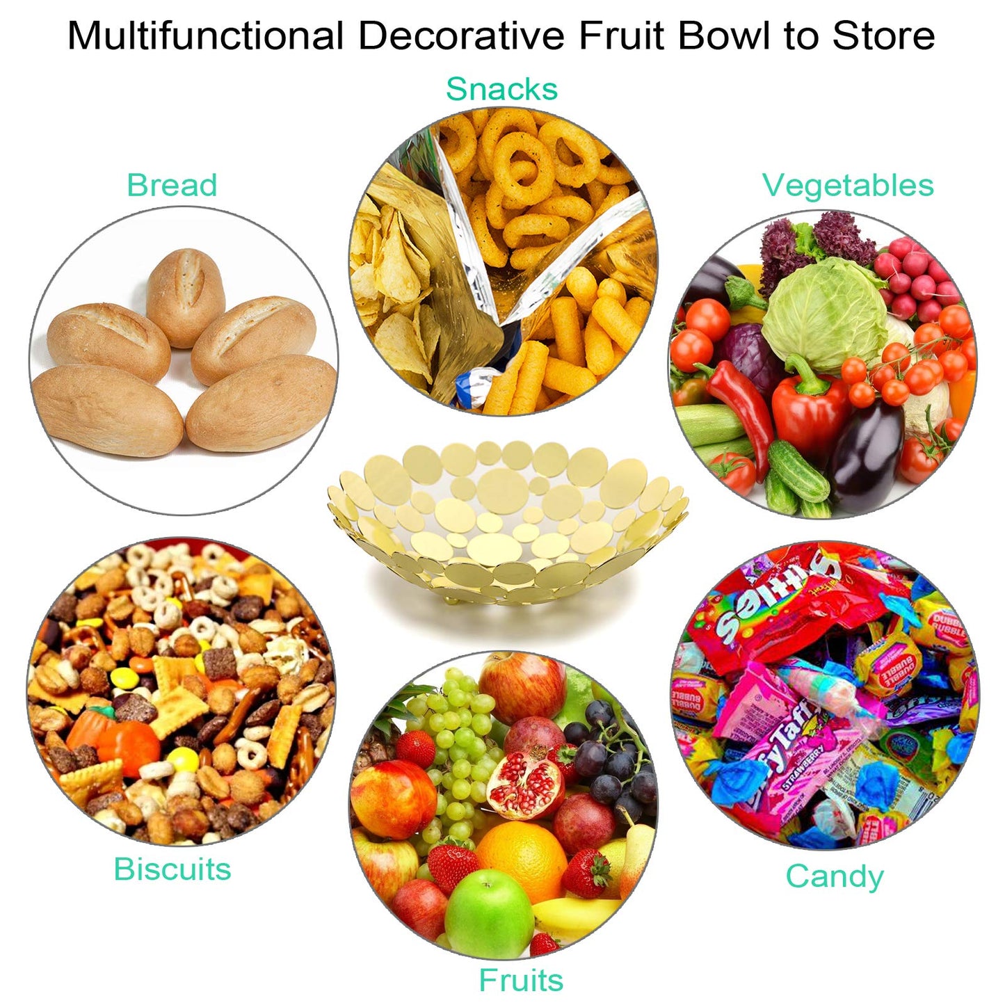 OwnMy Metal Fruit Bowl Basket Creative Table Centerpiece Fruit Stand Decorative Countertop Fruit Holder for Kitchen Counter, Iron Large Fruit Plate Round Storage Tray for Bread Snacks Candy (Golden)