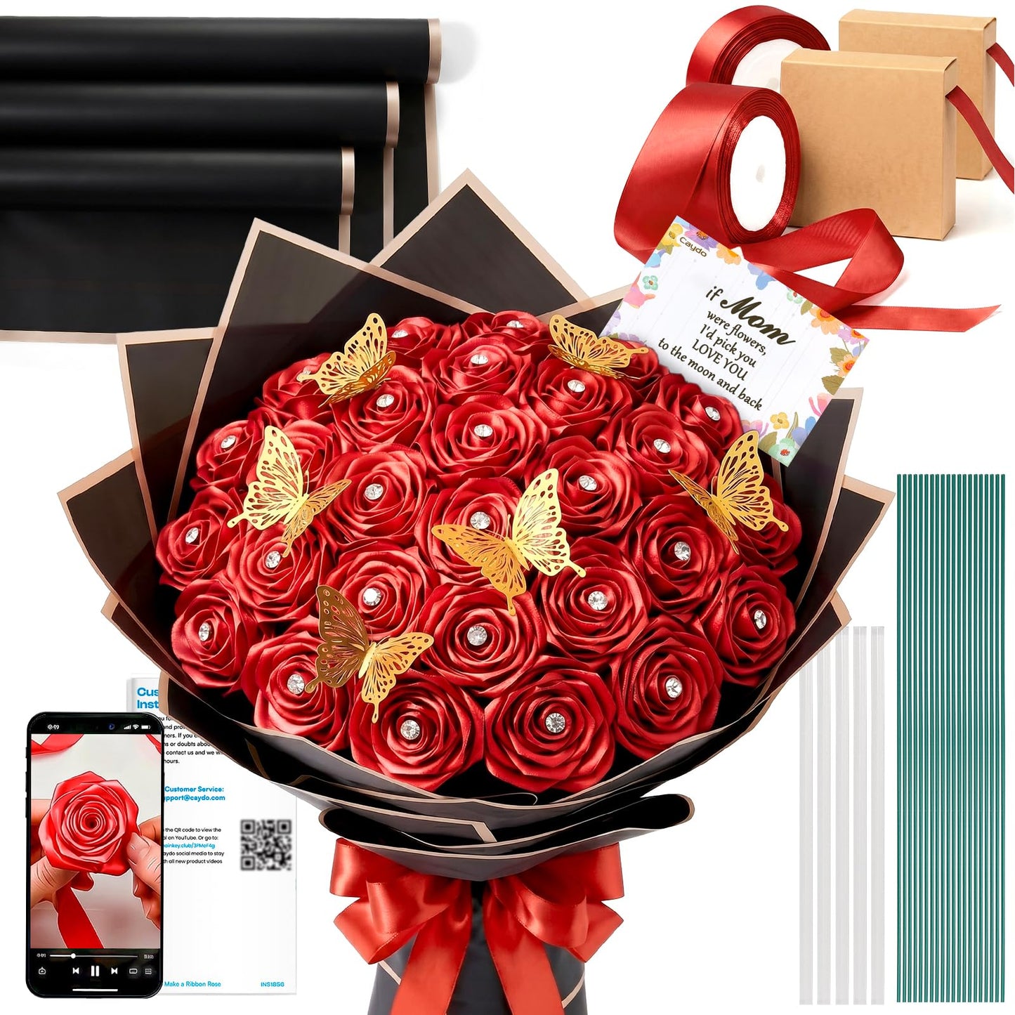 Caydo 1-1/2 Inch Red Ribbon for Flower Bouquet for Mothers Day Gifts, 50 Yards Satin Ribbon Flower Making Kit with Floral Stem Wire, Wrapping Paper, Glue Stick, 3D Butterfly & Diamond Pins