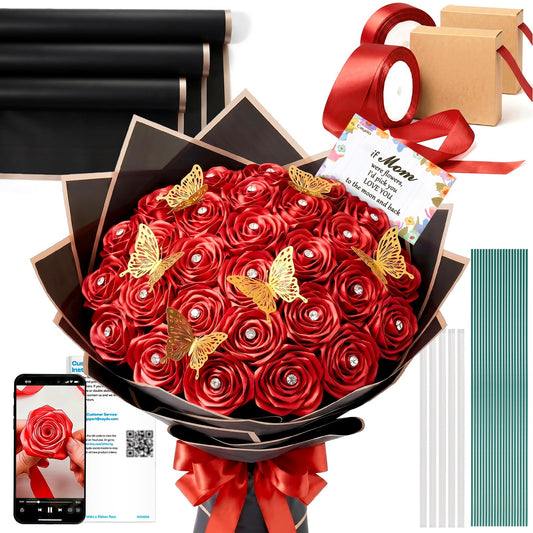 Caydo 1-1/2 Inch Red Ribbon for Flower Bouquet for Mothers Day Gifts, 50 Yards Satin Ribbon Flower Making Kit with Floral Stem Wire, Wrapping Paper, Glue Stick, 3D Butterfly & Diamond Pins