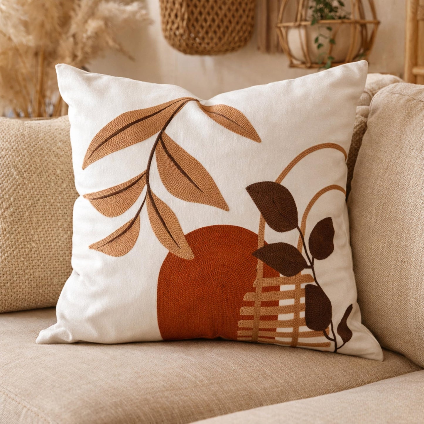 AYAY Decorative Velvet Throw Pillow Cover 18x18 Inch – Off White with Brown & Rust Embroidered Abstract Design, Warm Neutral Boho Accent Cushion, Hidden Zipper, Cover Only