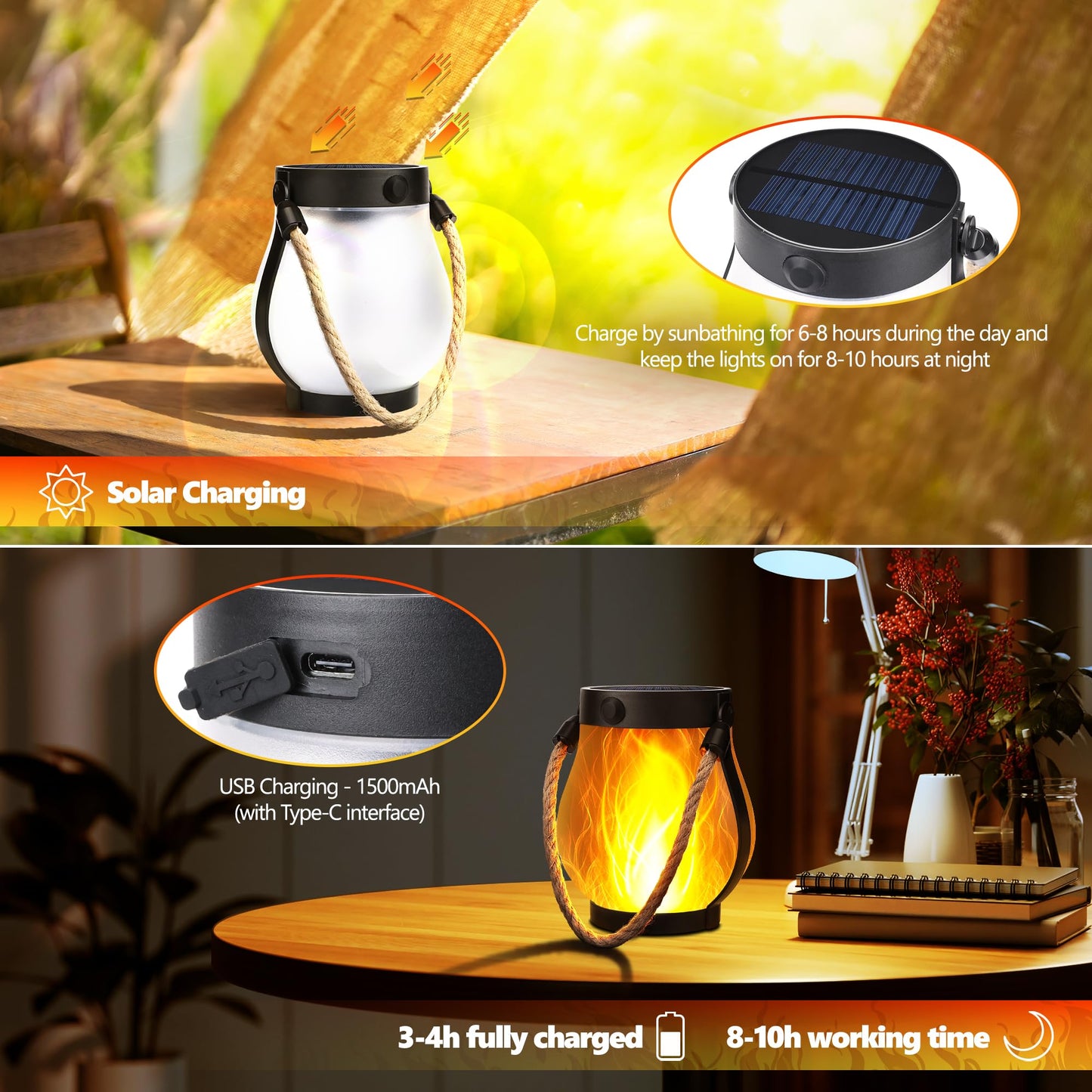 iBaycon 2 Pack Gen2 Solar Lanterns Lights, Ultra-Real Flame Garden Lights with Dual Charging USB & Solar, 2 Modes Outdoor Waterproof Hanging Lantern for Yard Home Brithday Gifts (Warm White)