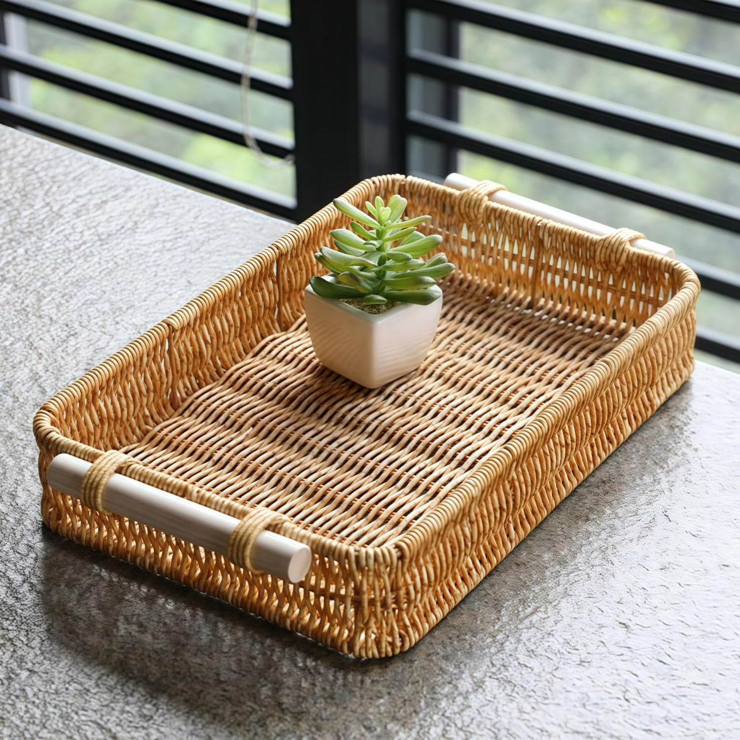 GIB Woven Baskets Serving Trays with Handle, Small Rectangle PP Wicker Rattan Trays Bread Basket for Serving Food, Vegetables, Breakfast, Coffee Table Decor, 14" & 12", Set of 2