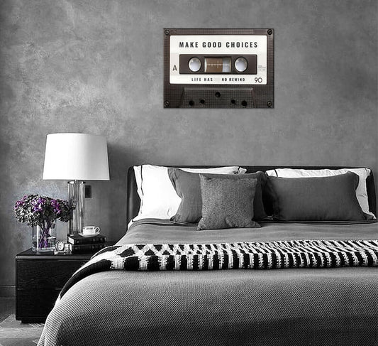 Inspirational Office Canvas Wall Art Picture Vintage Cassett Tape Prints Make Good Choices Life Has No Rewind Inspiring Artwork Motivational Wall Decor for Office Bedroom Living Room 12x16in Framed