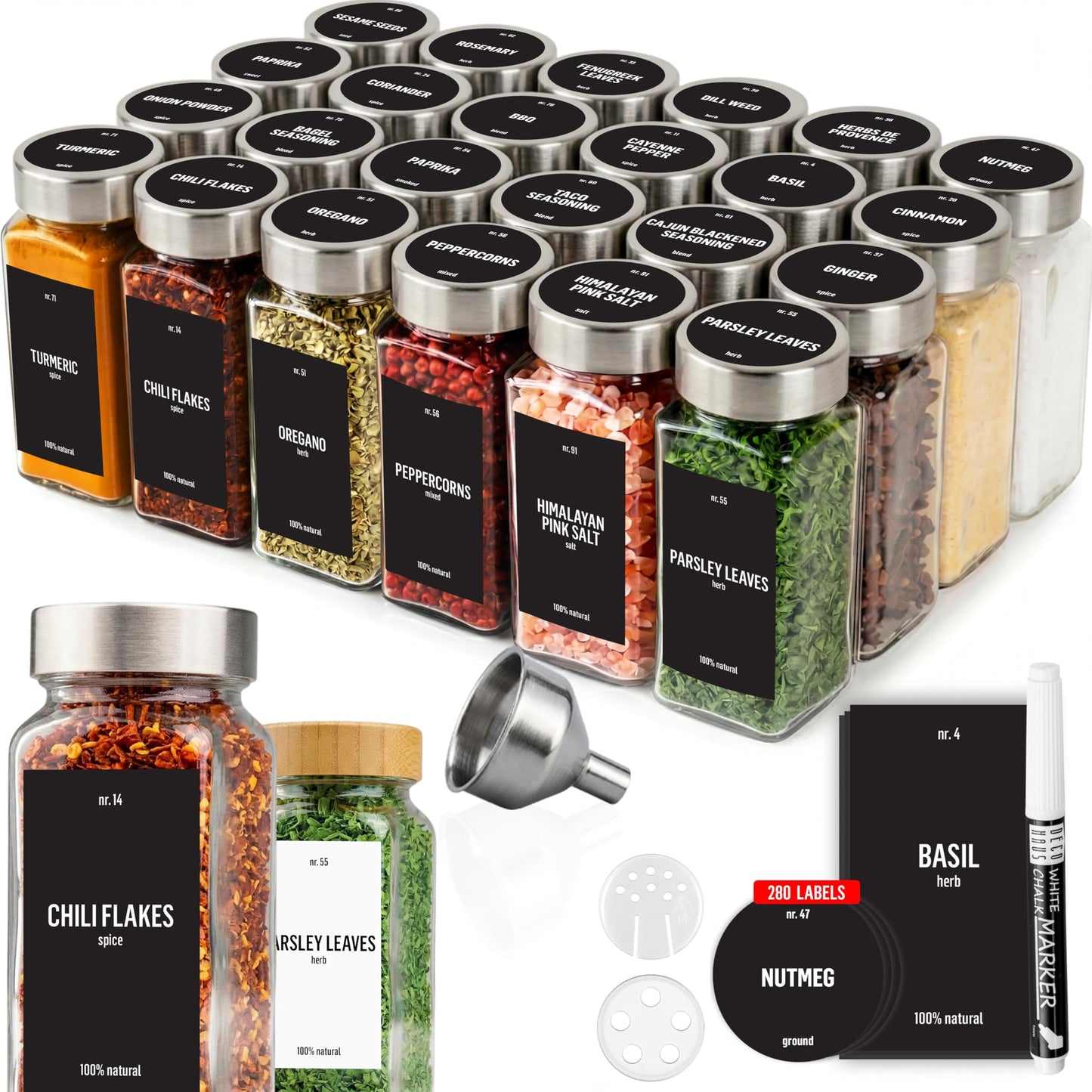 Deco haus Glass Spice Jars with Label 24 x 4oz [LABELS incl] Spice Containers with 280 Labels, Shaker Lids, Funnel & Chalk Marker - Empty Herb Seasoning Containers, Small Seasoning Bottles for Herb