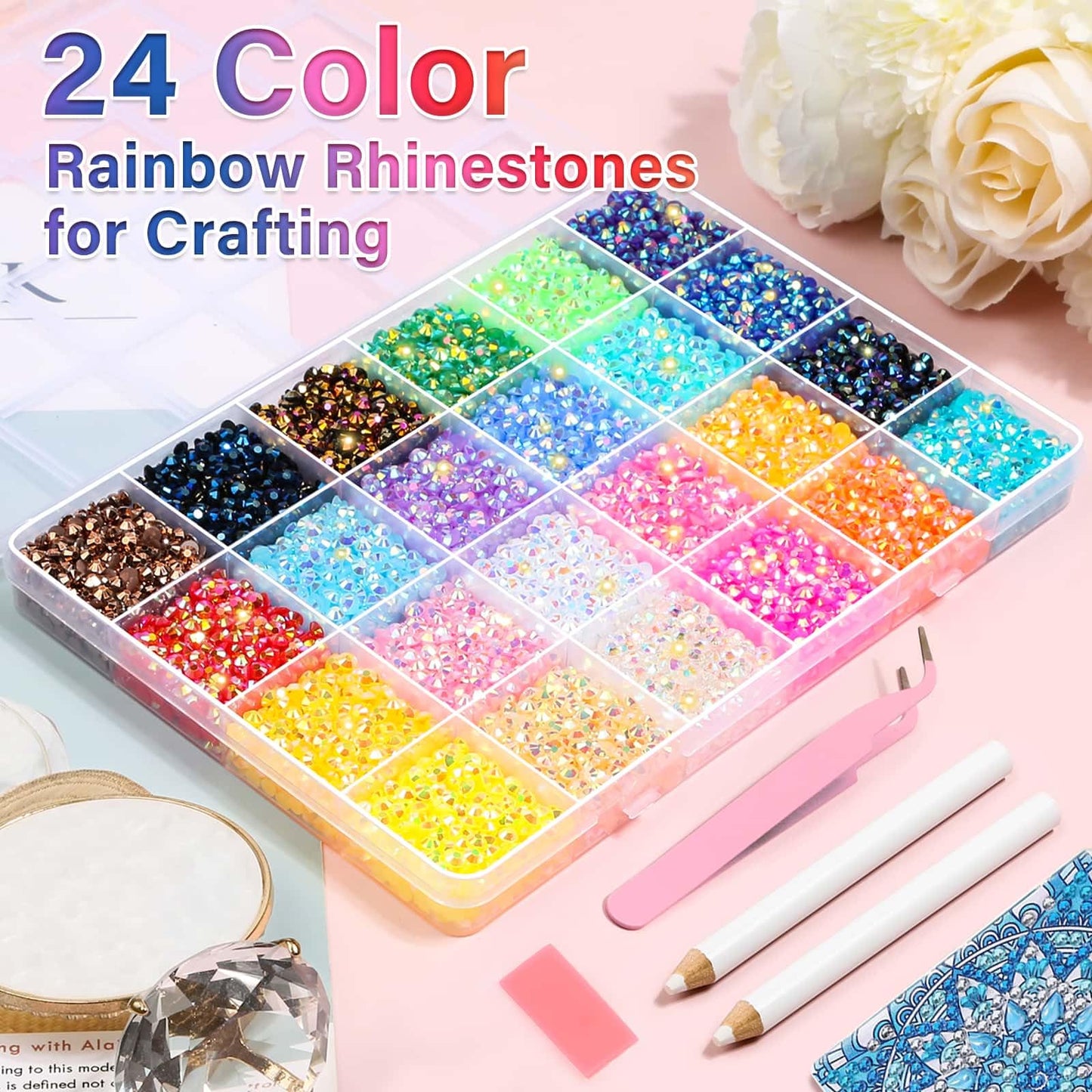 Audab Multicolor 4mm AB Rhinestone Kit with 16000pcs, 4pcs B7000 Jewelry Glue, Tools for Bedazzling Crafting, Graduation Cap, Jewelry, Shoes & Nails