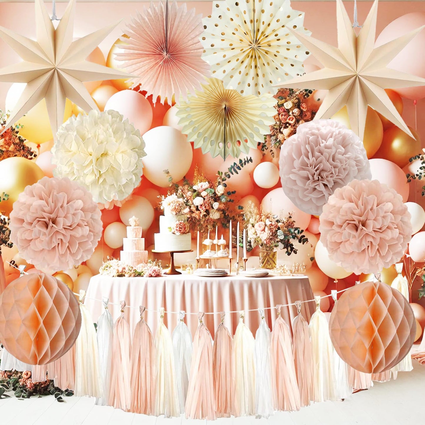 Champagne Beige Party Decoration,15PCS Champagne Boho Birthday Decorations for Women Men Girl Boy,Hanging Backdrop Decor for Engagement,Boho Wedding,Baby Shower,Bridal Shower,Garden Party