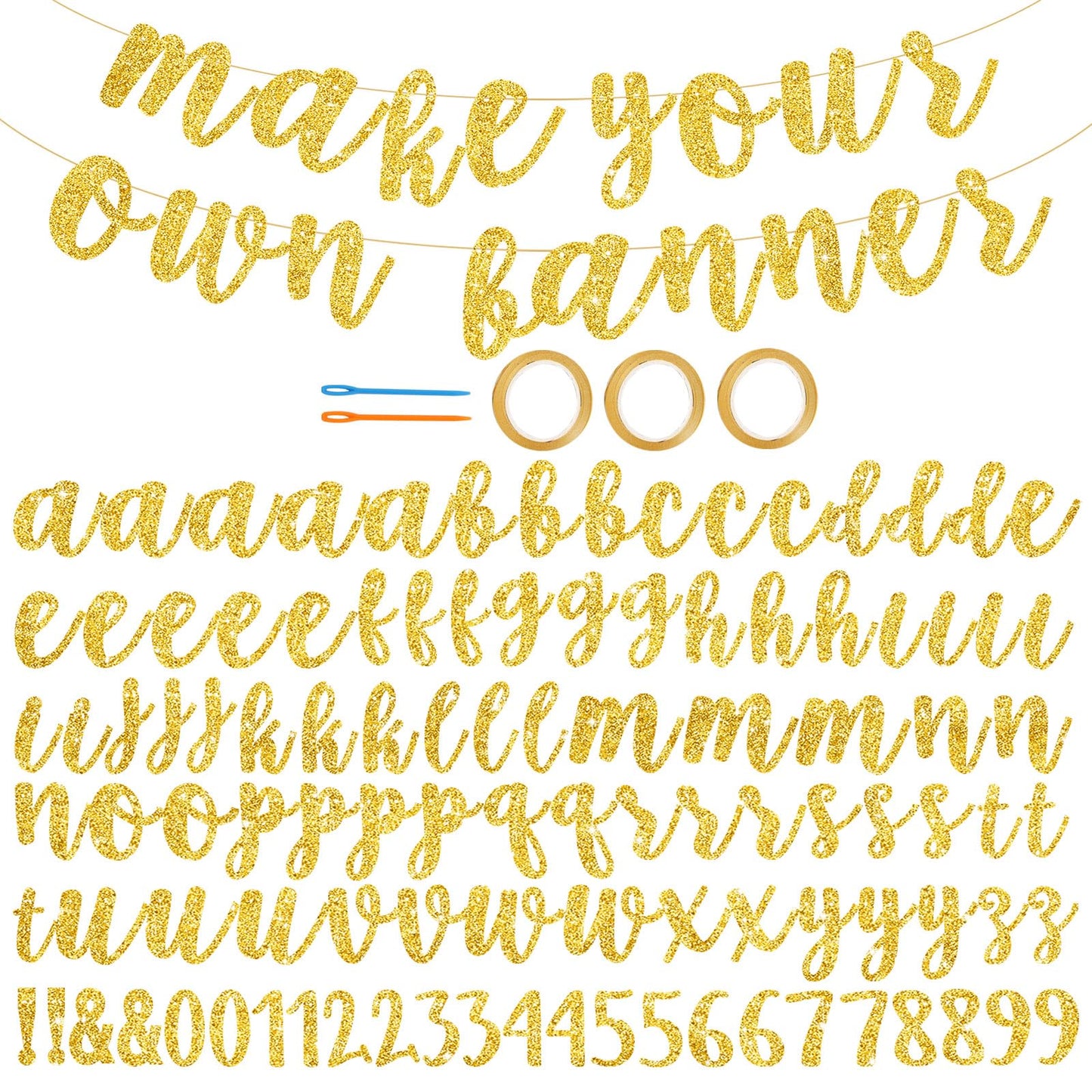BEISHIDA Glitter Gold 116 PCS A-Z DIY Letter Banner Kit Make Your Own Banner，Including 111 Letters and Numbers 3 Rope and 2 Threading Device,Customized for Birthday Graduation Wedding Party Decor