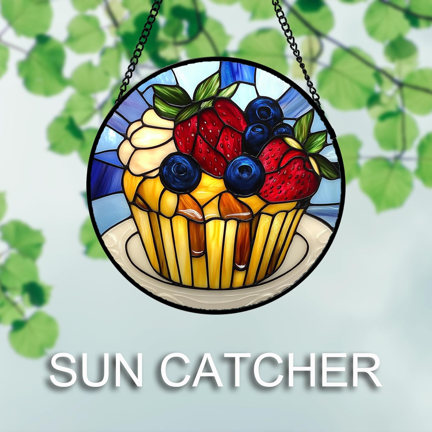 QZQCBLC Stained Glass Window Hanging Retro Blue Fruitcake 6.3" - Red Yellow Suncatcher Door Garden Sun Catcher Home Decor Birthday Christmas for Mom Woman Nana Friend Girl